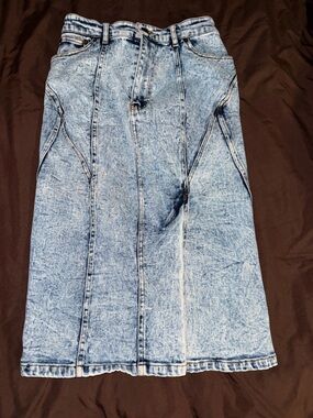 High-Rise Acid Wash Denim Midi Skirt